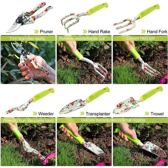 13 PCS Heavy Duty Aluminum Gardening Tools Kit Floral Print with Rubber Handle - Picture 4 of 7